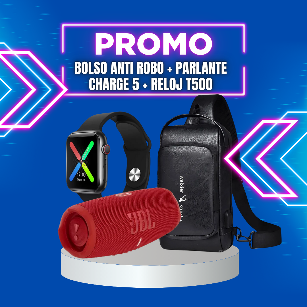 BOLSO ANTIROBO+BAFLE CHARGE 5+RELOJ T500
