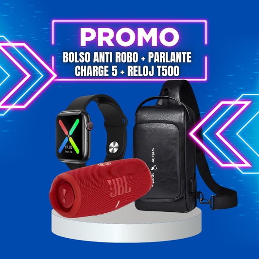 BOLSO ANTIROBO+BAFLE CHARGE 5+RELOJ T500